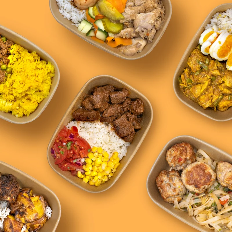 FatboySexy mealpreps met eiwitrijke gerechten zoals kipcurry, rundvlees en gehaktballetjes met rijst en groenten.