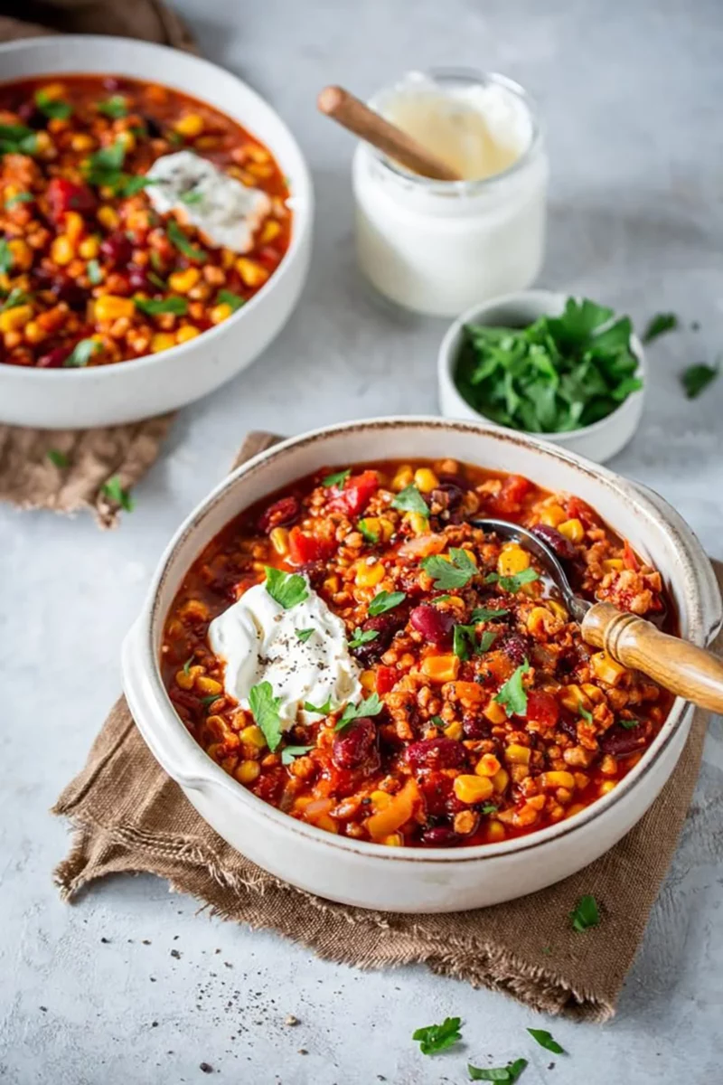 Chili con carne | rundergehakt | paprika | kidneybonen | rijst | mais-tomatensalsa