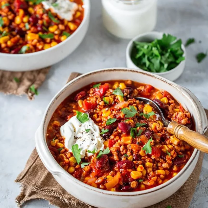 Chili con carne | rundergehakt | paprika | kidneybonen | rijst | mais-tomatensalsa