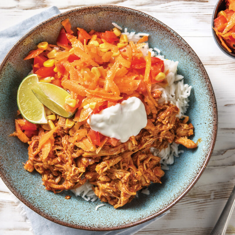 Zesty Mexican | pulled kippendij | Mexicaanse pepers | sinaasappel | Mexicaanse bulgur-bonen salade