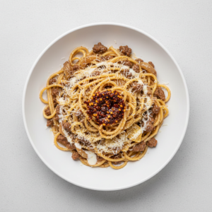 Caramalised onion and garlic spaghetti